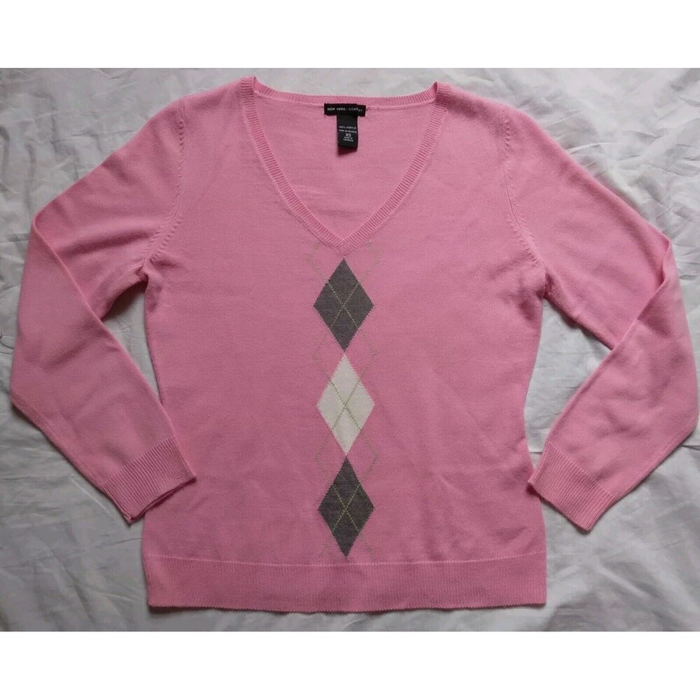 New York and Company Pink Argyle Sweater Academia Barbie Womens Size XS - Picture 1 of 10